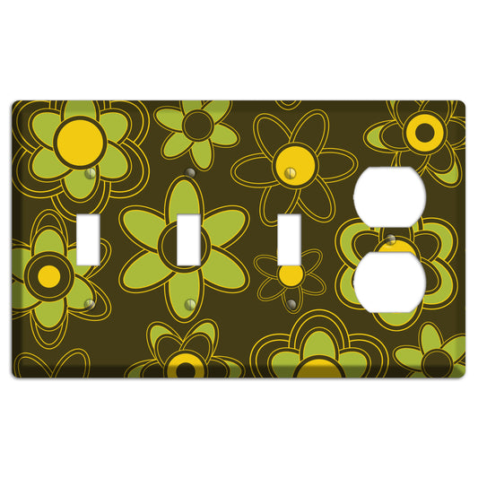 Brown with Lime Retro Floral Contour 3 Toggle / Duplex Wallplate