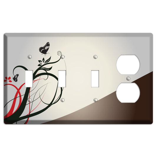 Grey and Red Floral Sprig with Butterfly 3 Toggle / Duplex Wallplate