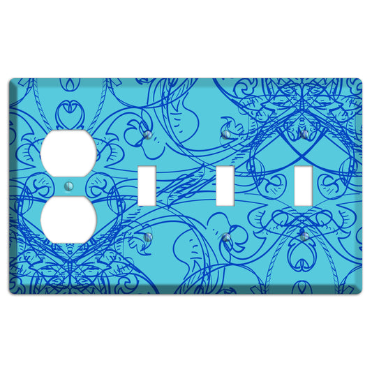 Turquoise Deco Sketch Duplex / 3 Toggle Wallplate