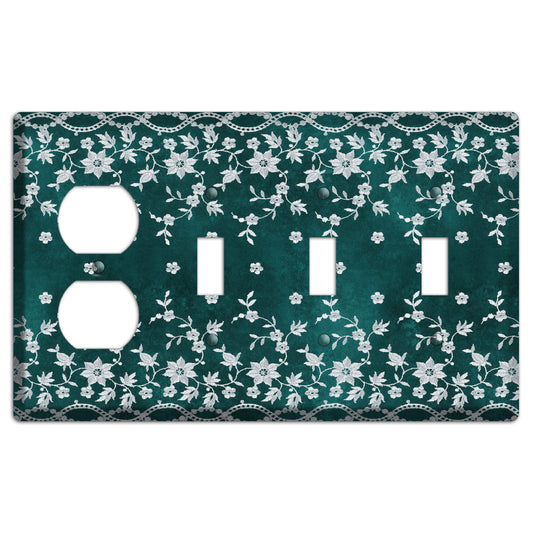 Embroidered Floral Teal Duplex / 3 Toggle Wallplate