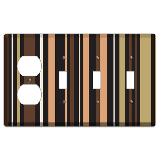 Multi Brown and Coral Vertical Stripe Duplex / 3 Toggle Wallplate