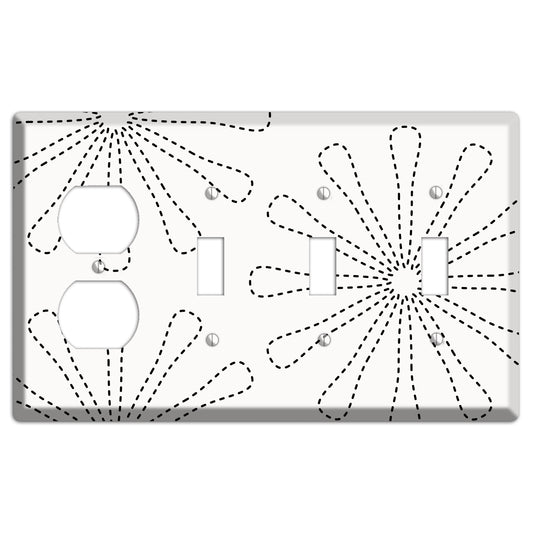 White with Black Retro Stipple Floral Contour Duplex / 3 Toggle Wallplate