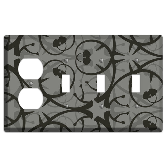 Grey with Black Retro Sprig Duplex / 3 Toggle Wallplate