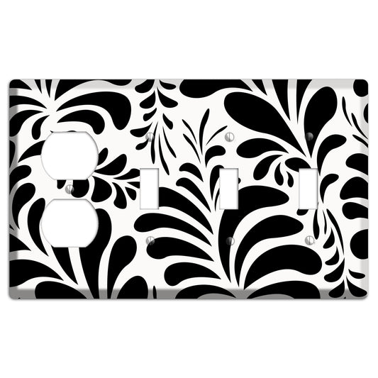 White with Black Herati Duplex / 3 Toggle Wallplate