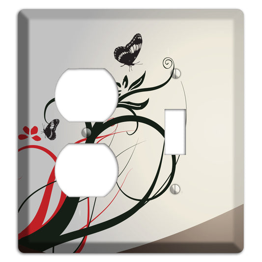 Grey and Red Floral Sprig with Butterfly Duplex / Toggle Wallplate