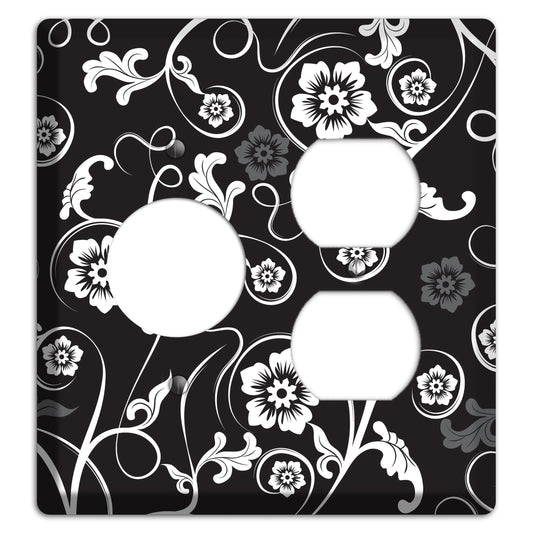 Black with White Flower Sprig Receptacle / Duplex Wallplate