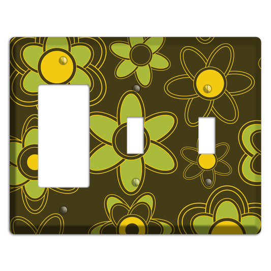 Brown with Lime Retro Floral Contour Rocker / 2 Toggle Wallplate
