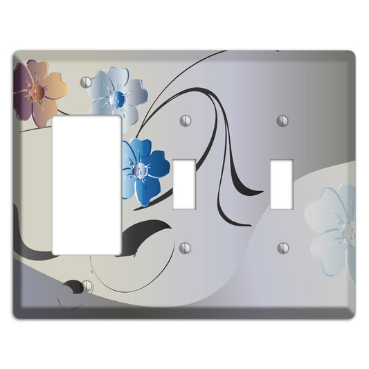 Grey and Blue Floral Sprig Rocker / 2 Toggle Wallplate