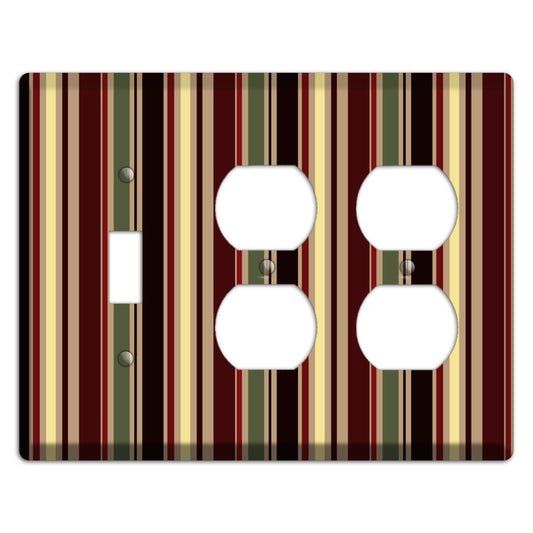 Multi olive and Burgundy Vertical Stripes Toggle / 2 Duplex Wallplate