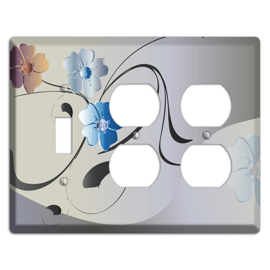 Grey and Blue Floral Sprig Toggle / 2 Duplex Wallplate