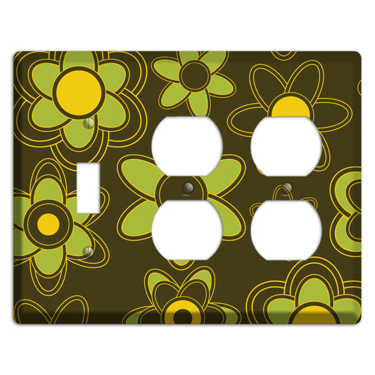Brown with Lime Retro Floral Contour Toggle / 2 Duplex Wallplate