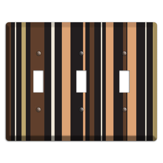 Multi Brown and Coral Vertical Stripe 3 Toggle Wallplate