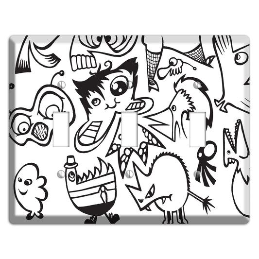Black and White Whimsical Faces 3 3 Toggle Wallplate