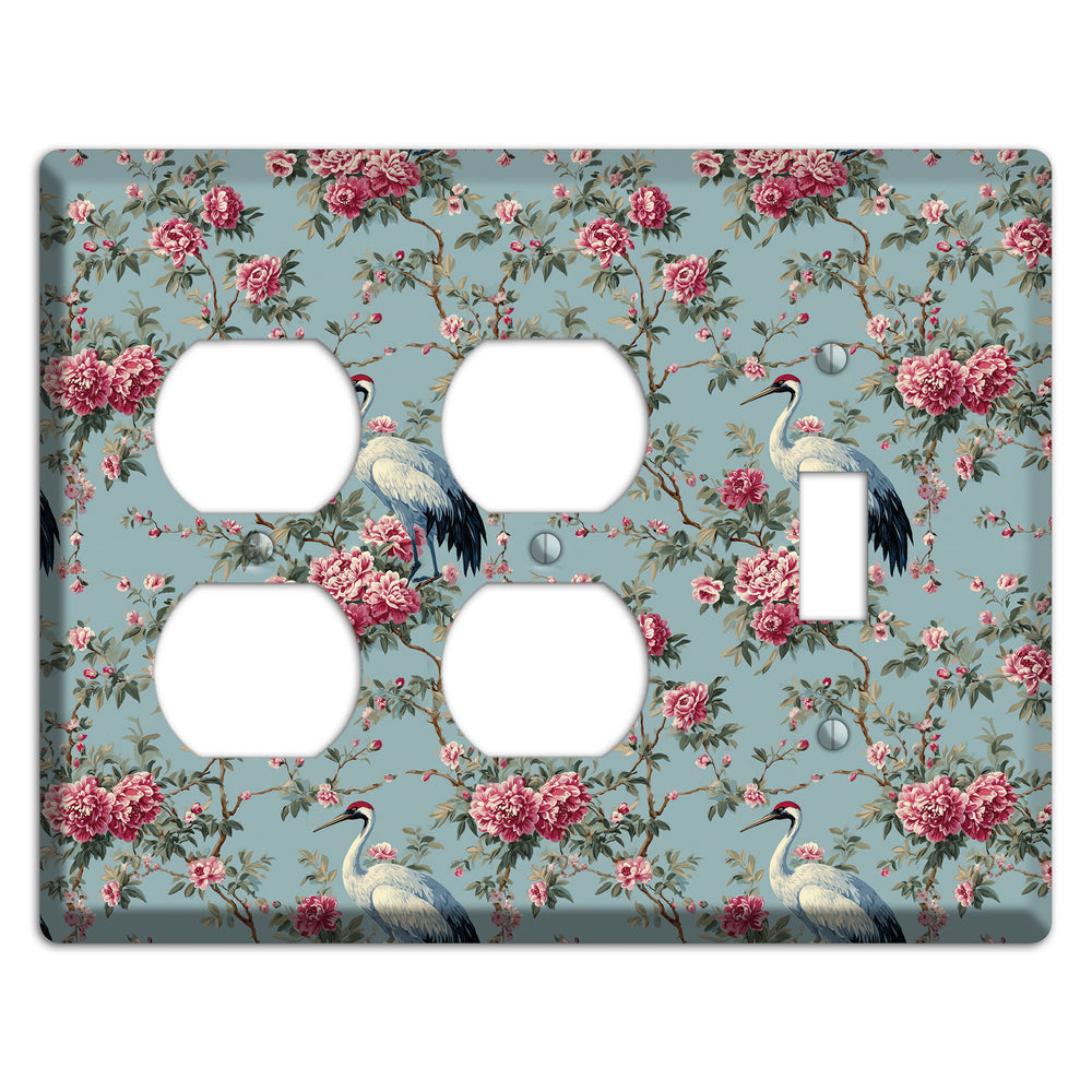 Dusty Teal Peony Crane 2 Duplex / Toggle Wallplate