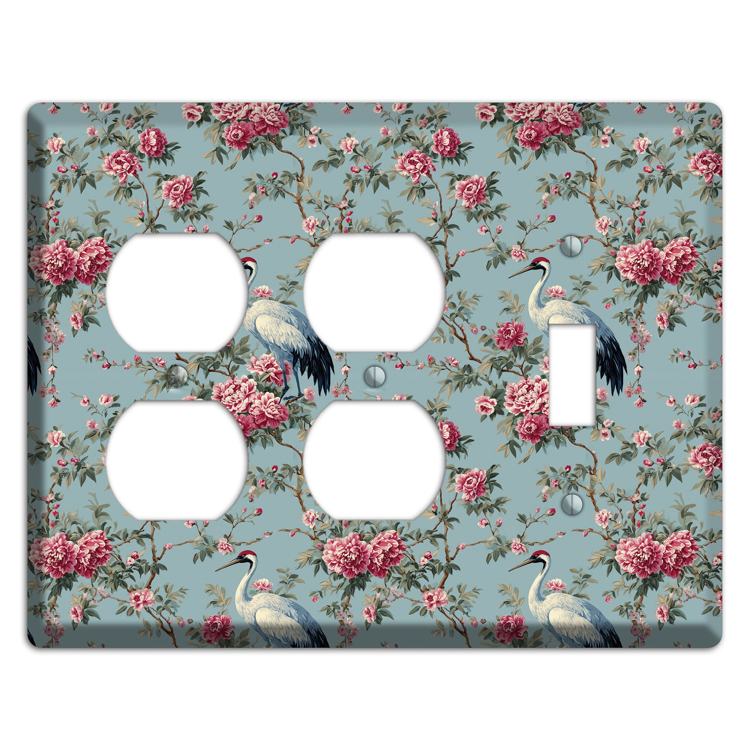 Dusty Teal Peony Crane 2 Duplex / Toggle Wallplate
