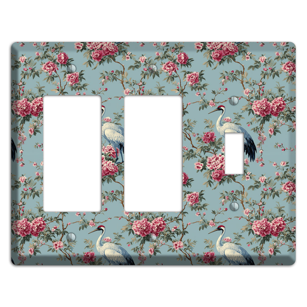 Dusty Teal Peony Crane 2 Rocker / Toggle Wallplate