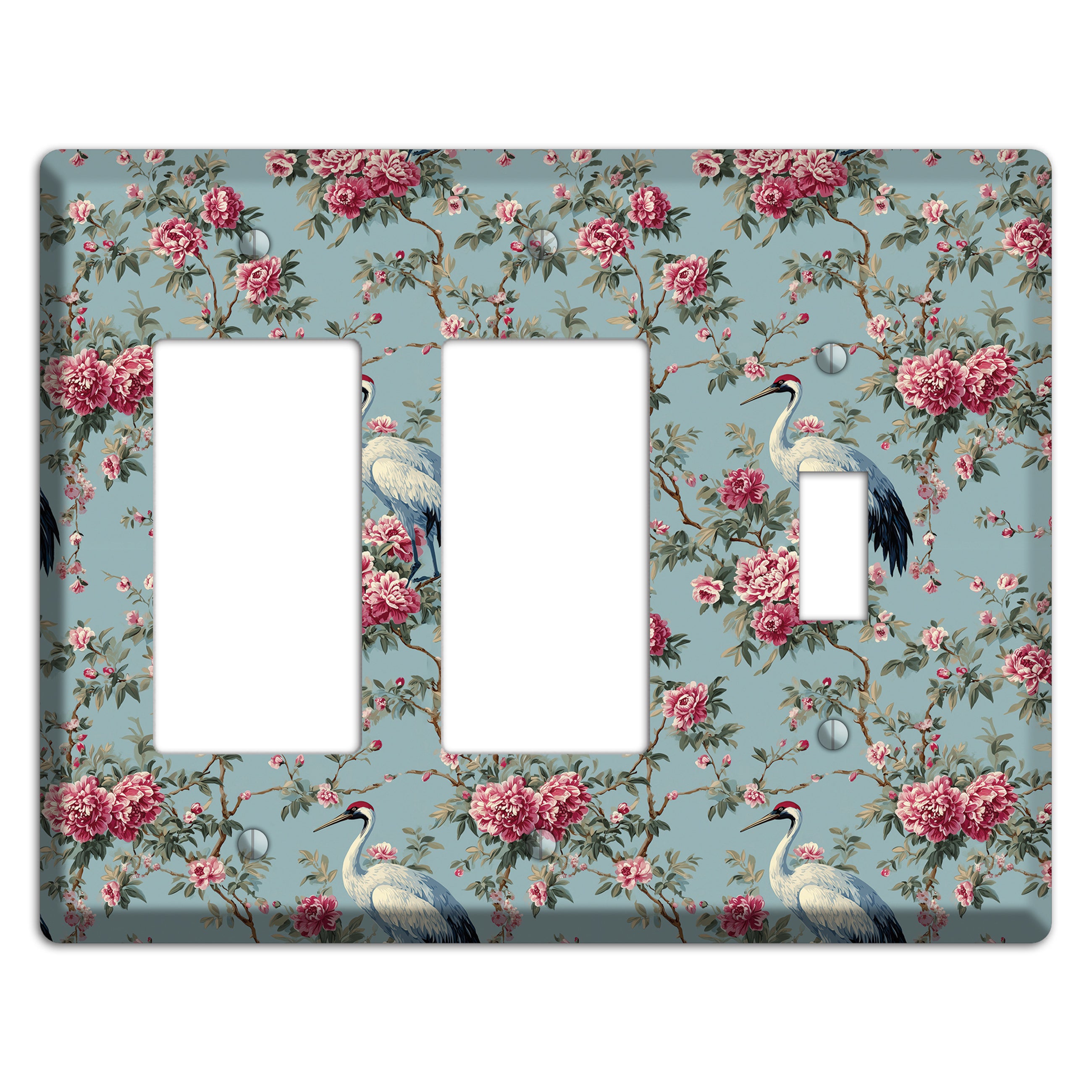 Dusty Teal Peony Crane 2 Rocker / Toggle Wallplate
