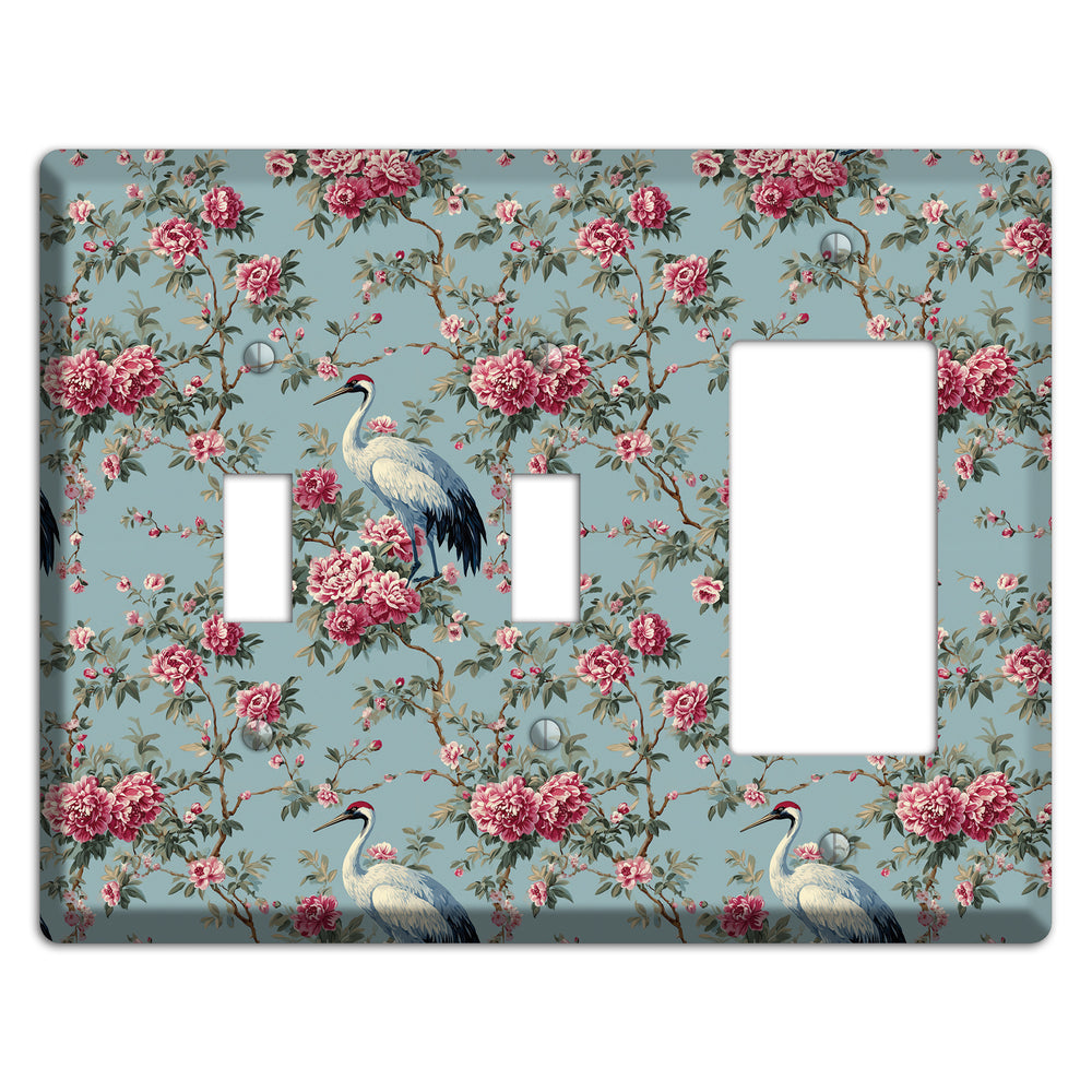 Dusty Teal Peony Crane 2 Toggle / Rocker Wallplate