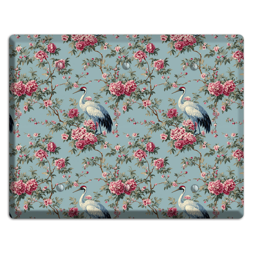 Dusty Teal Peony Crane 3 Blank Wallplate