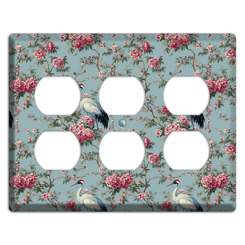 Dusty Teal Peony Crane 3 Duplex Wallplate