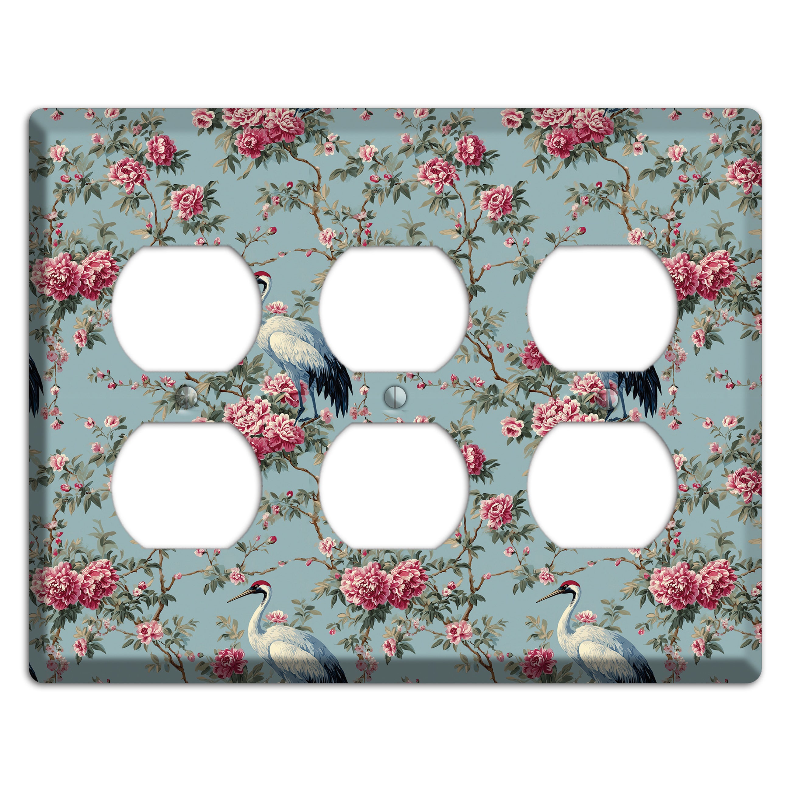 Dusty Teal Peony Crane 3 Duplex Wallplate
