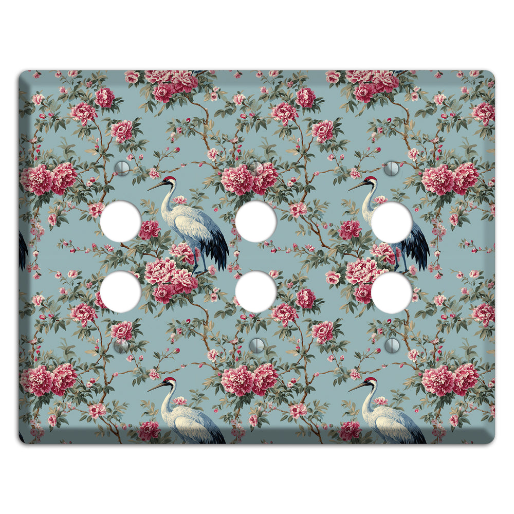 Dusty Teal Peony Crane 3 Pushbutton Wallplate