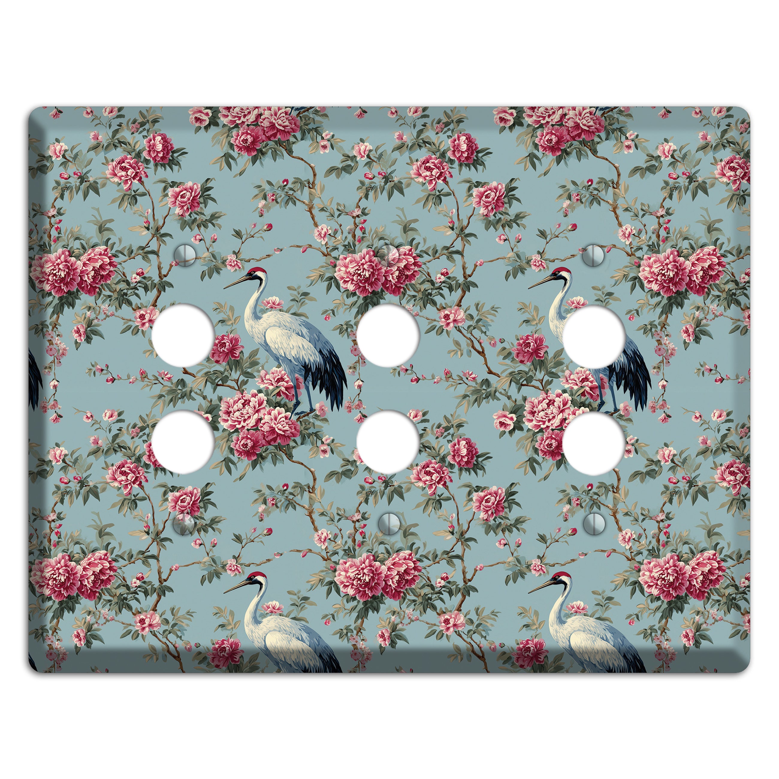 Dusty Teal Peony Crane 3 Pushbutton Wallplate