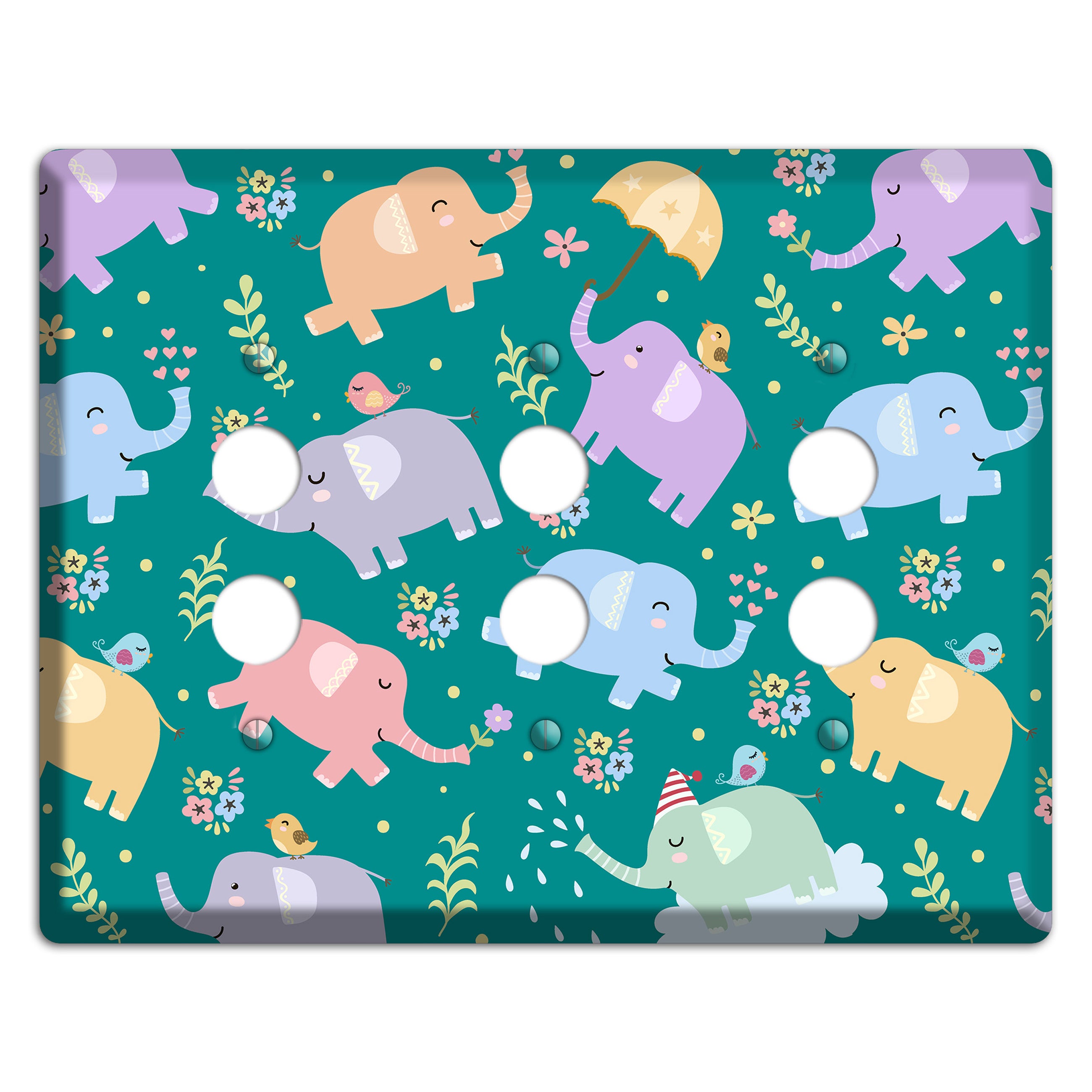 Elephant Parade (Teal) 3 Pushbutton Wallplate