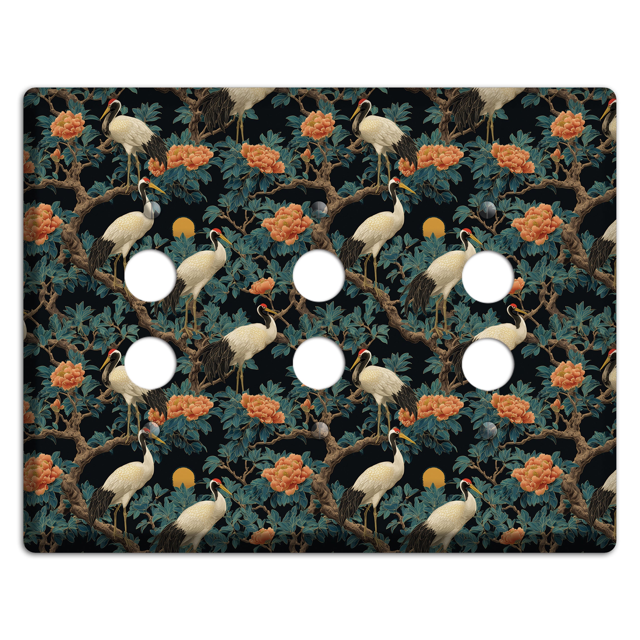 Teal Moonrise Cranes 3 Pushbutton Wallplate