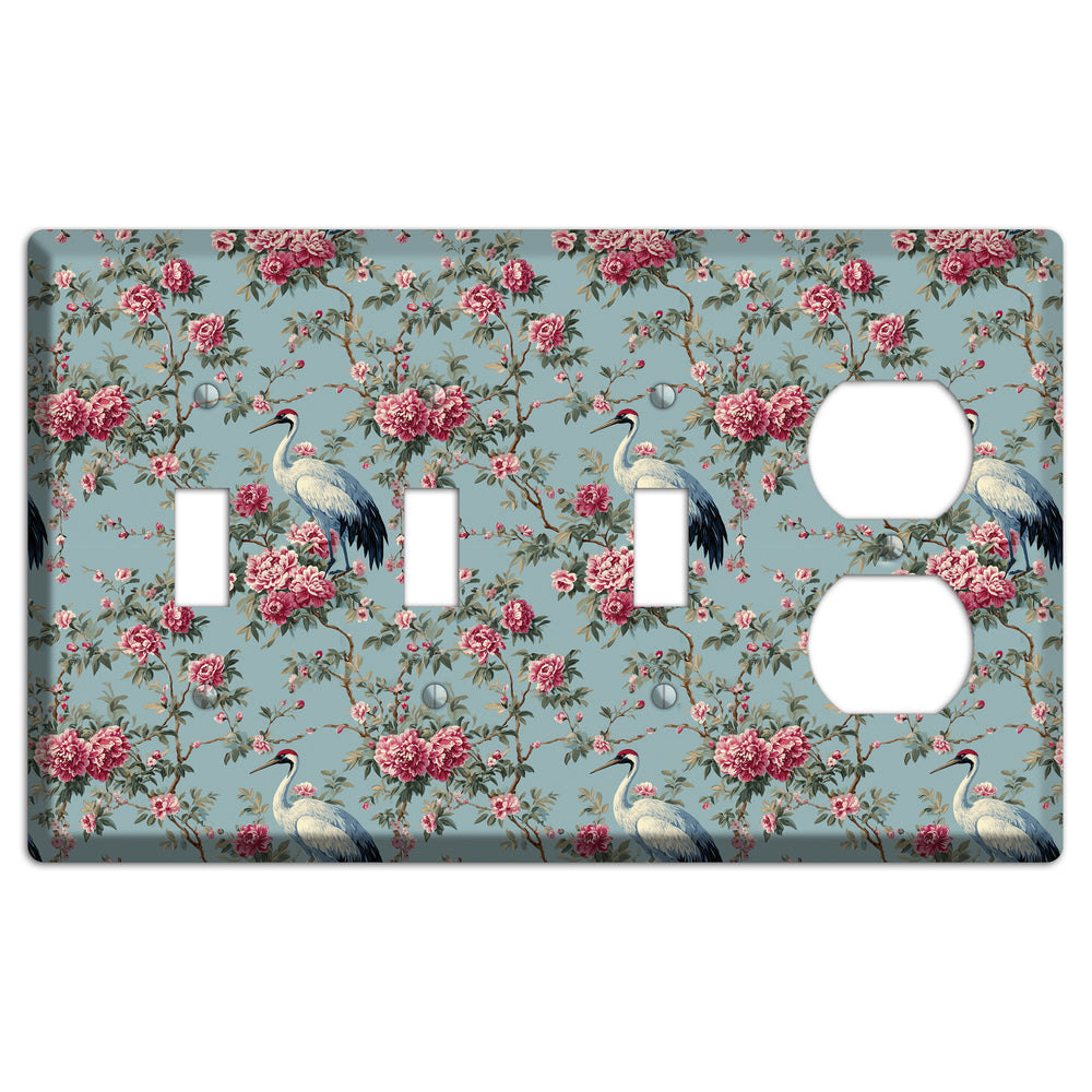 Dusty Teal Peony Crane 3 Toggle / Duplex Wallplate
