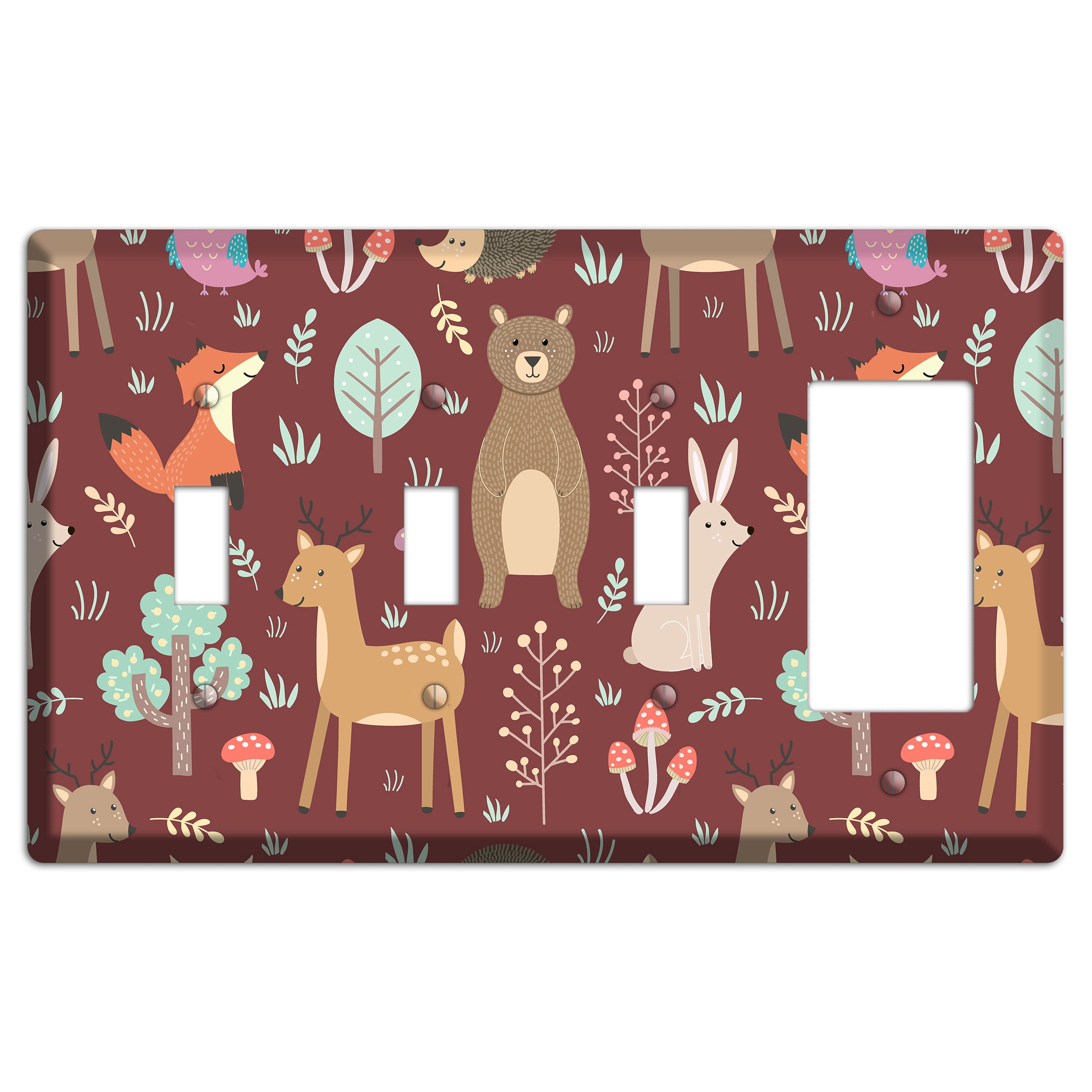 Woodland Friends (Maroon) 3 Toggle / Rocker Wallplate