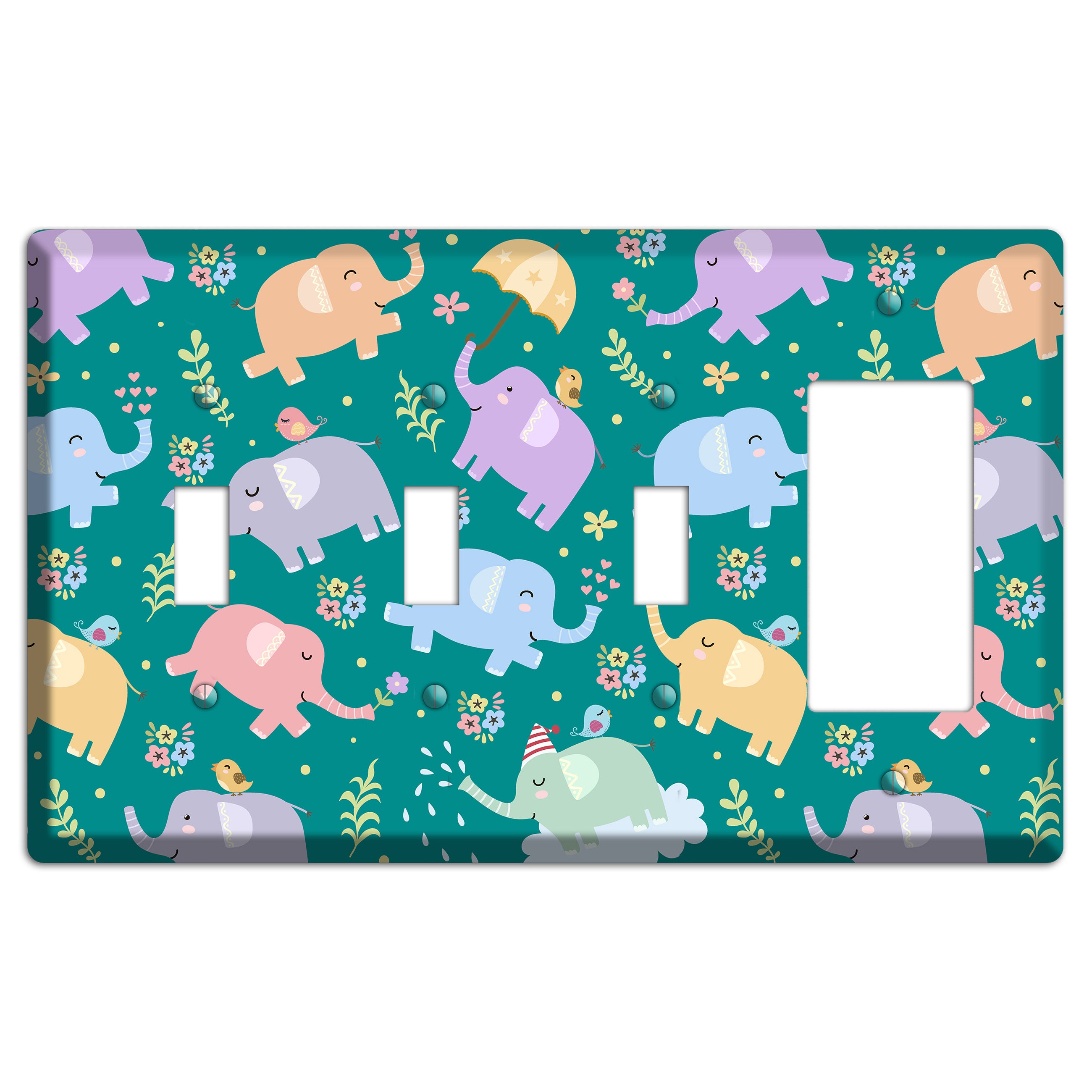 Elephant Parade (Teal) 3 Toggle / Rocker Wallplate