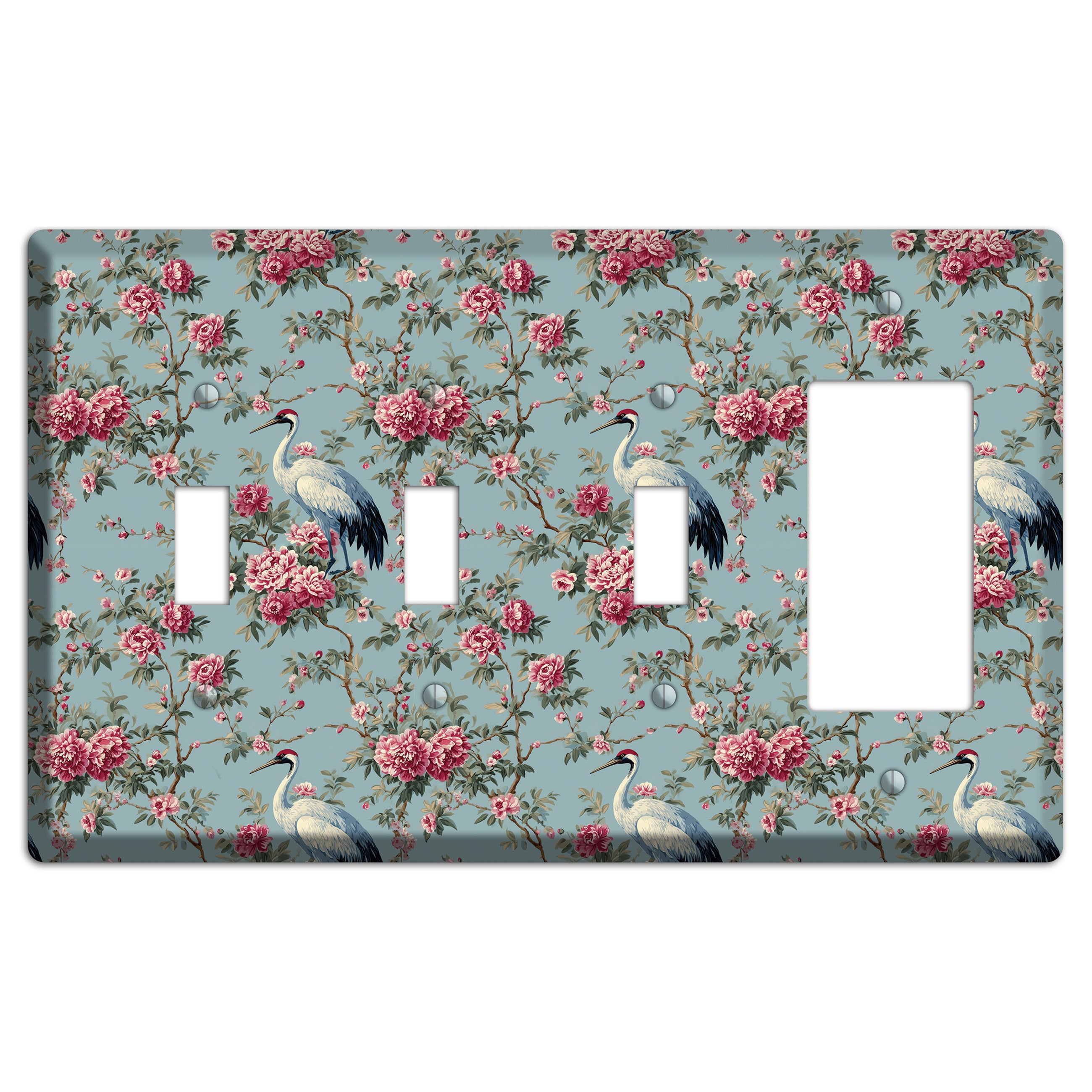 Dusty Teal Peony Crane 3 Toggle / Rocker Wallplate