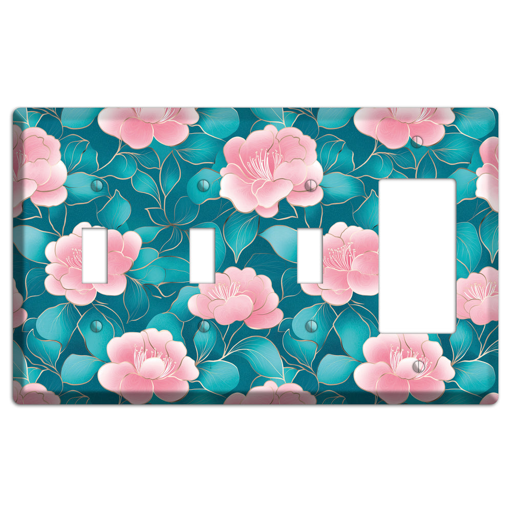 Teal Camellia Bloom 3 Toggle / Rocker Wallplate