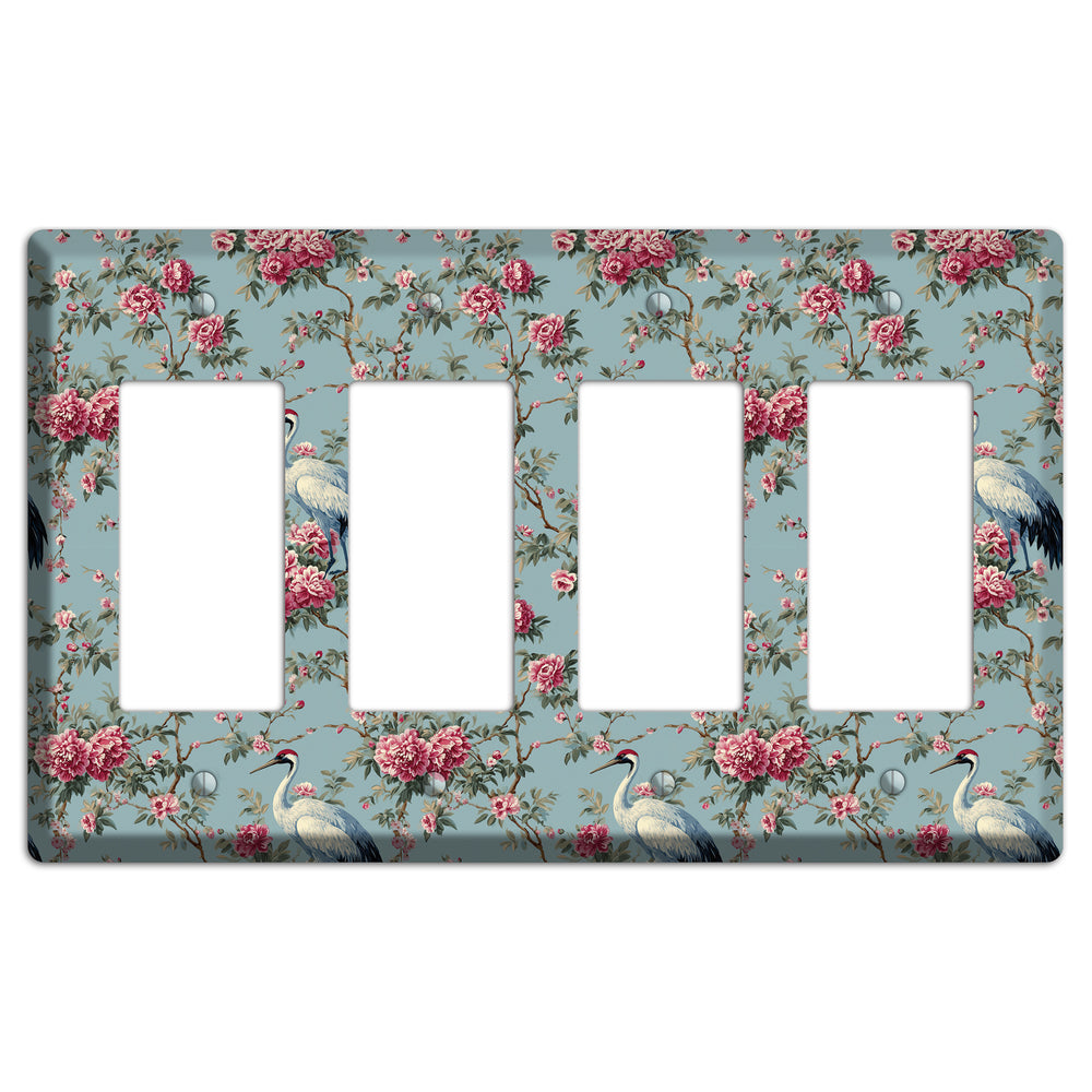 Dusty Teal Peony Crane 4 Rocker Wallplate