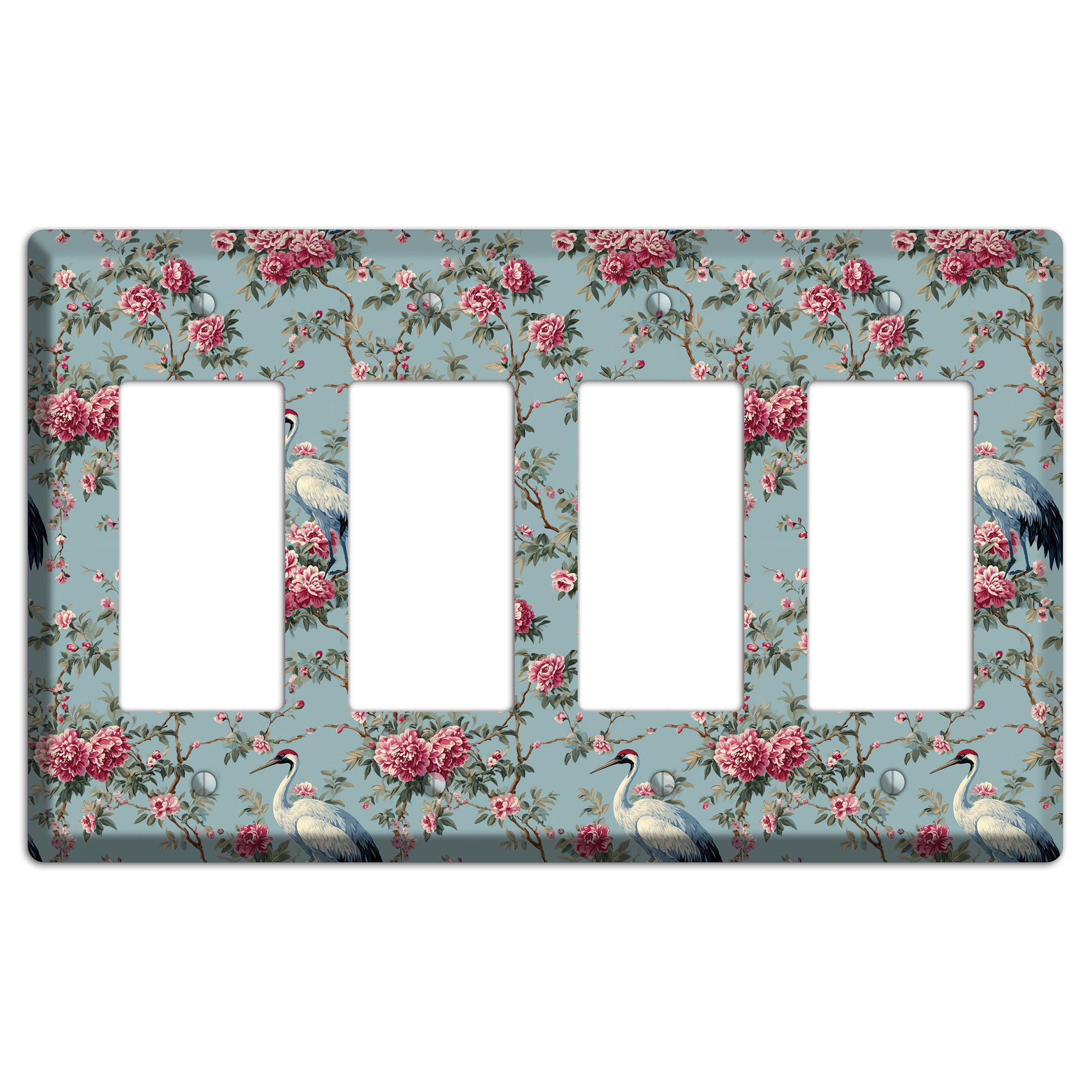 Dusty Teal Peony Crane 4 Rocker Wallplate