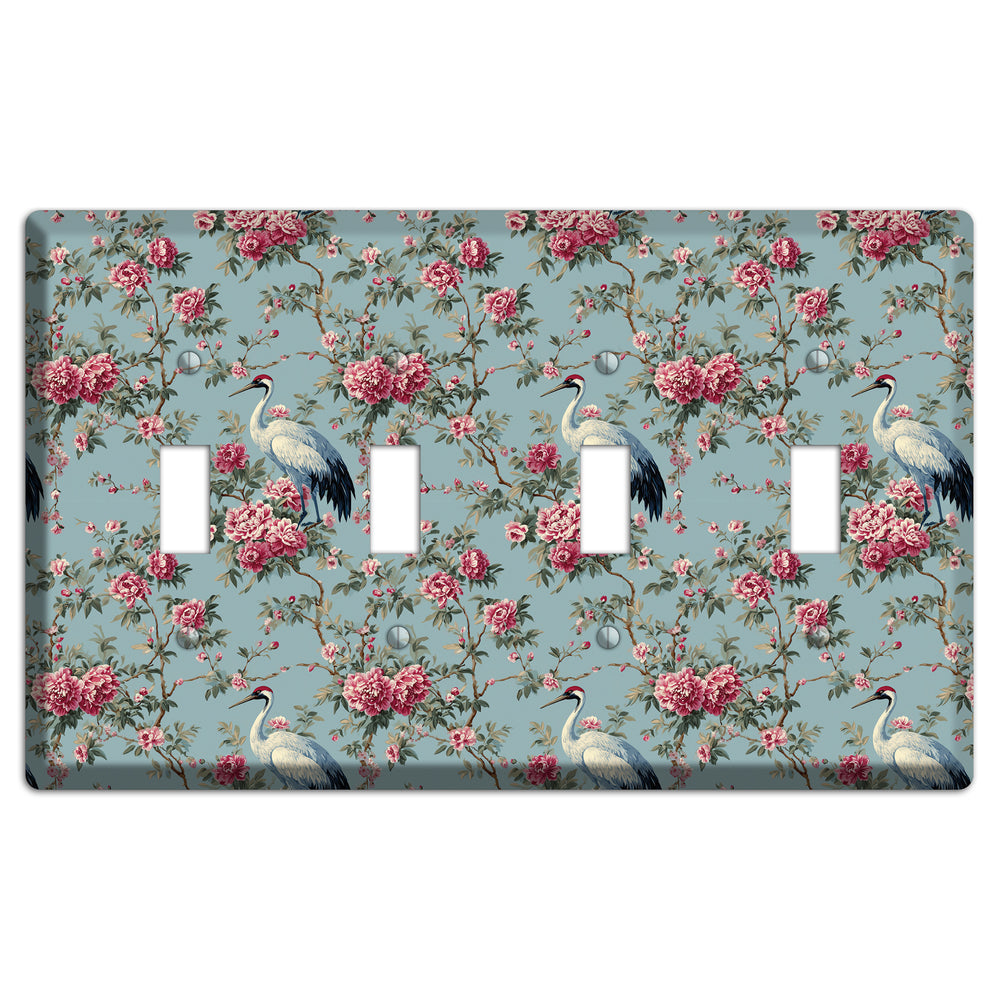 Dusty Teal Peony Crane 4 Toggle Wallplate