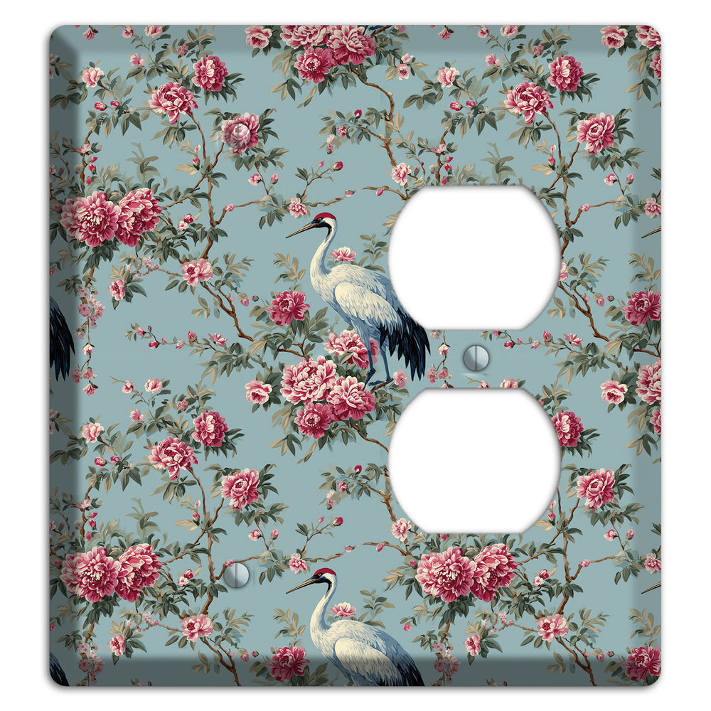 Dusty Teal Peony Crane Blank / Duplex Wallplate