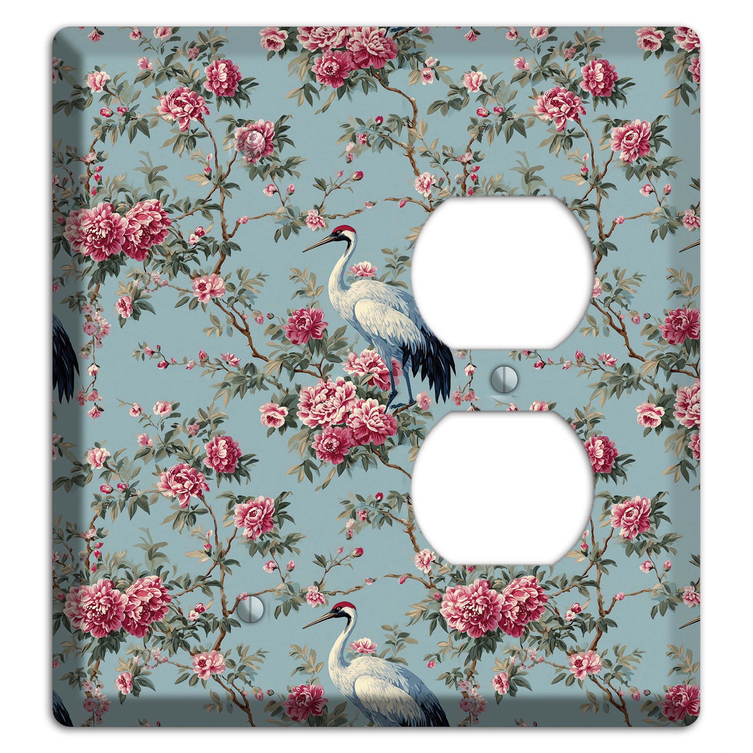 Dusty Teal Peony Crane Blank / Duplex Wallplate