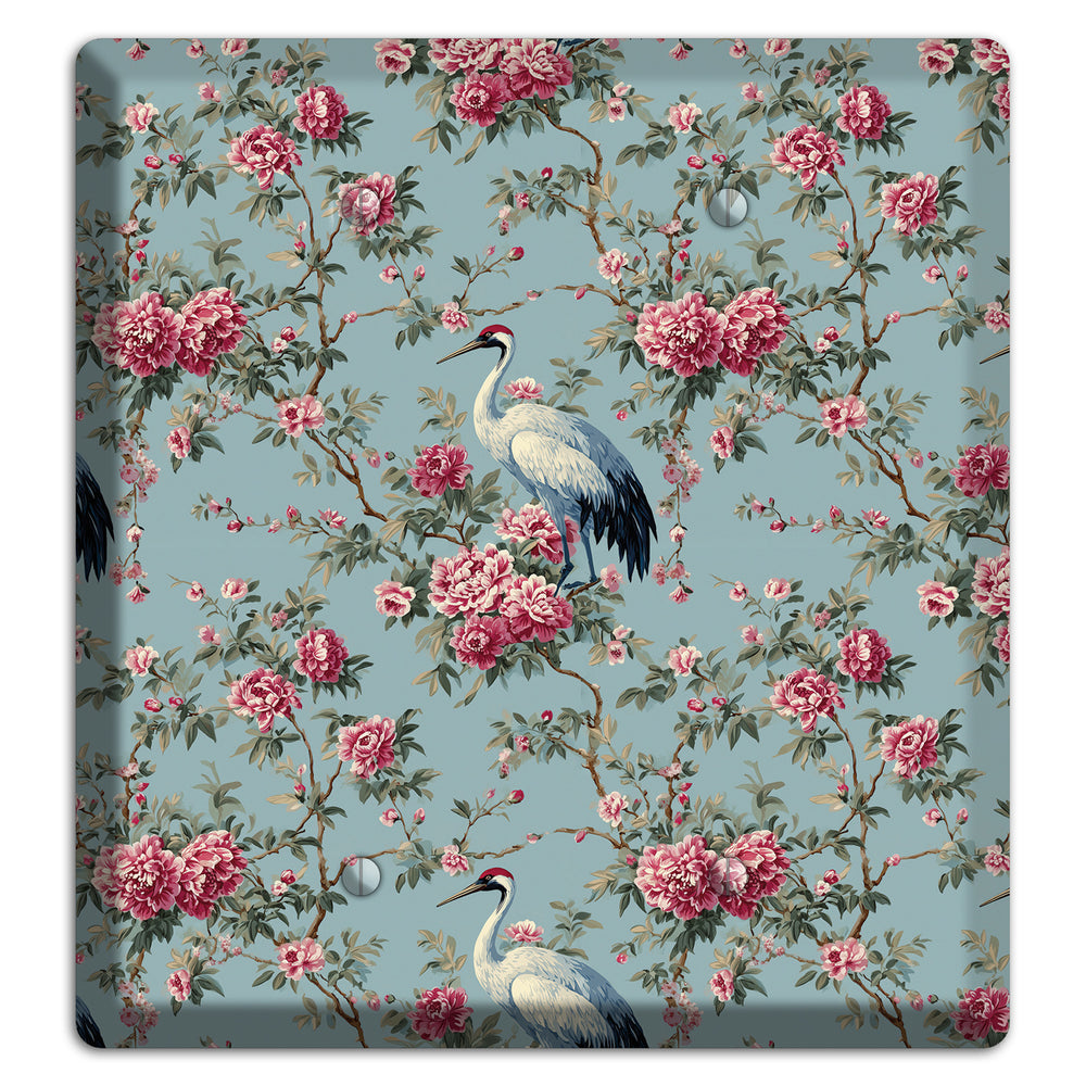 Dusty Teal Peony Crane 2 Blank Wallplate