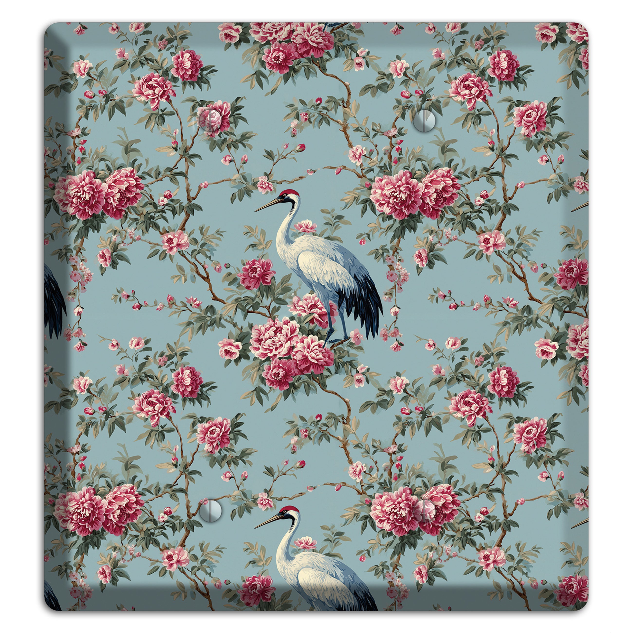 Dusty Teal Peony Crane 2 Blank Wallplate