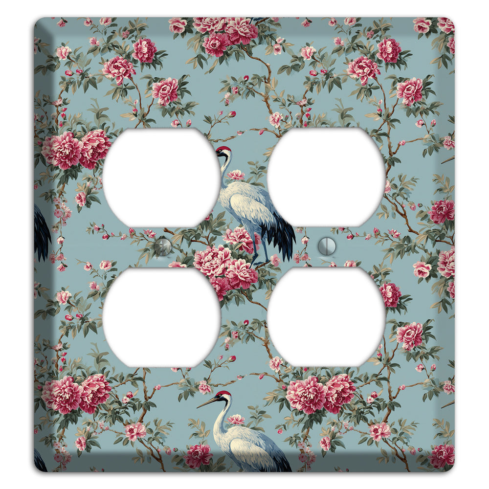 Dusty Teal Peony Crane 2 Duplex Wallplate