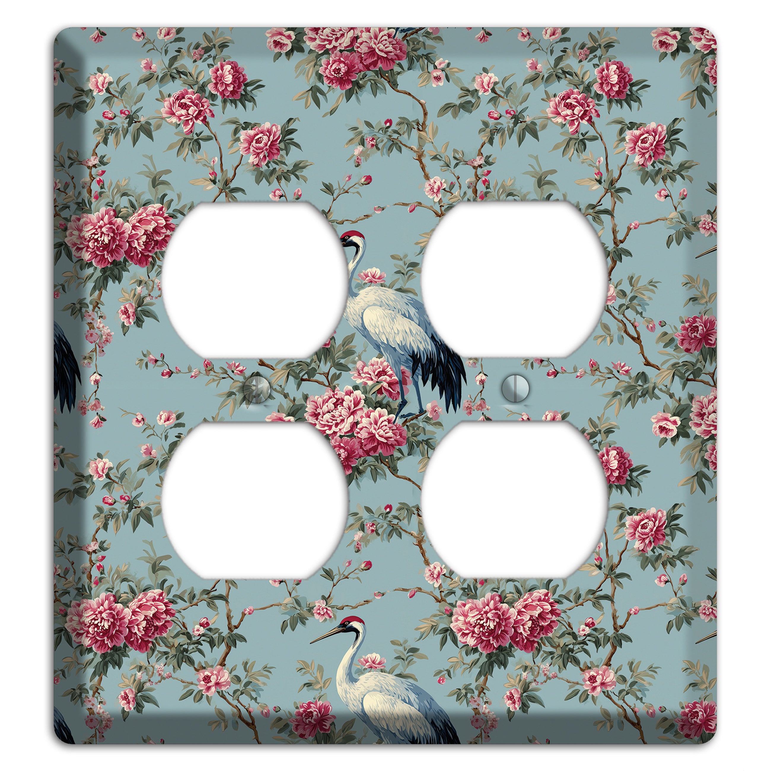 Dusty Teal Peony Crane 2 Duplex Wallplate