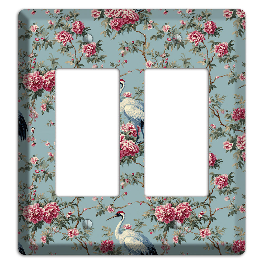Dusty Teal Peony Crane 2 Rocker Wallplate
