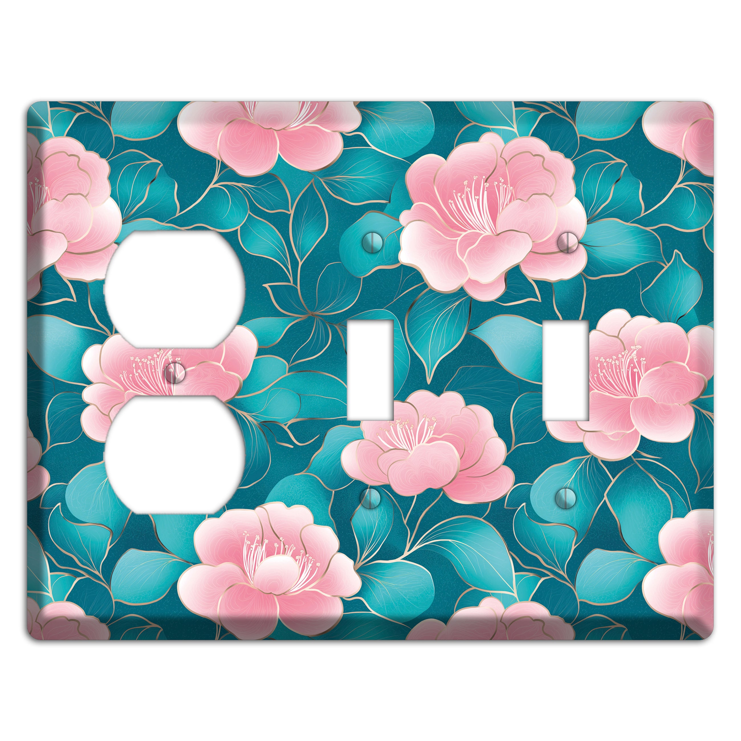 Teal Camellia Bloom Duplex / 2 Toggle Wallplate