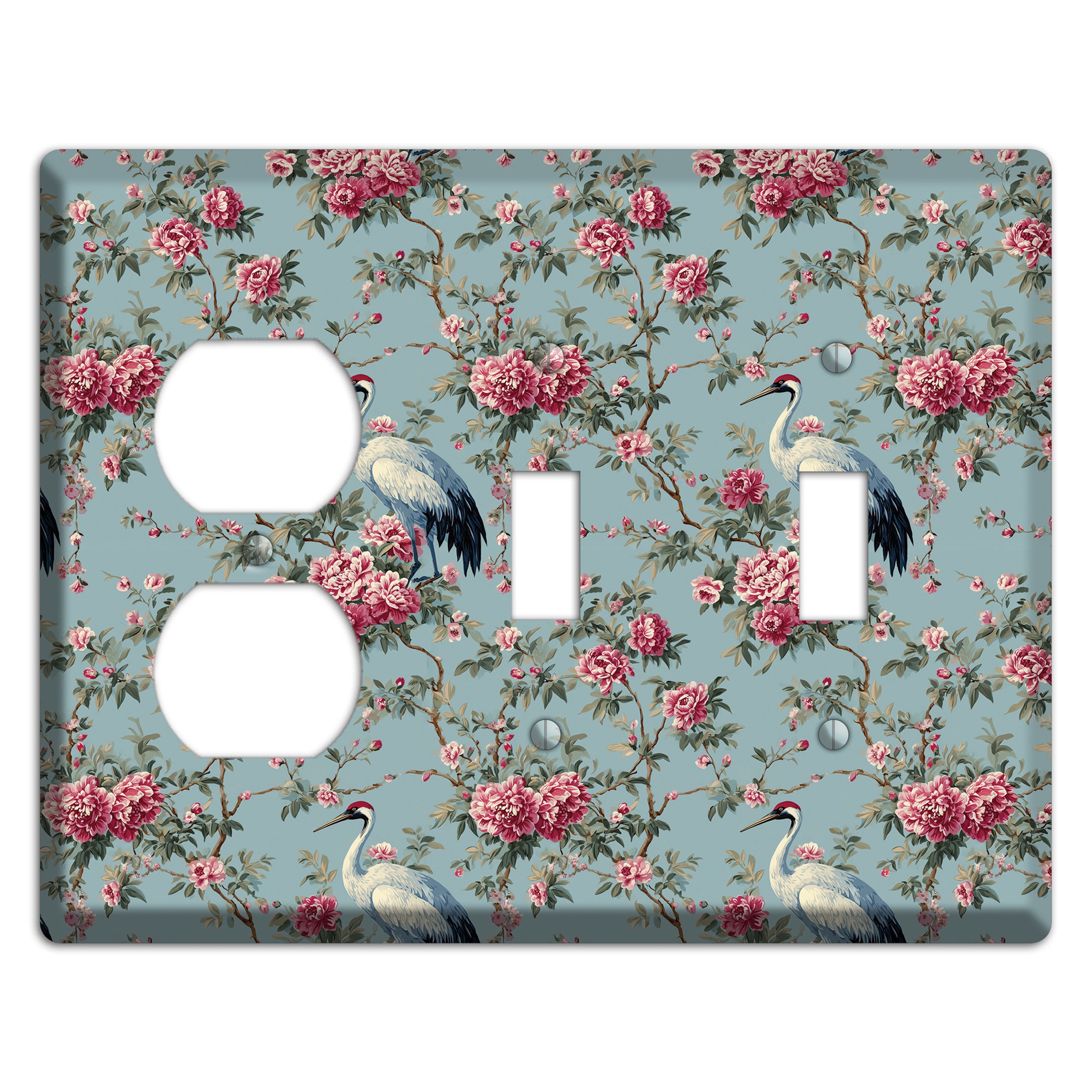 Dusty Teal Peony Crane Duplex / 2 Toggle Wallplate