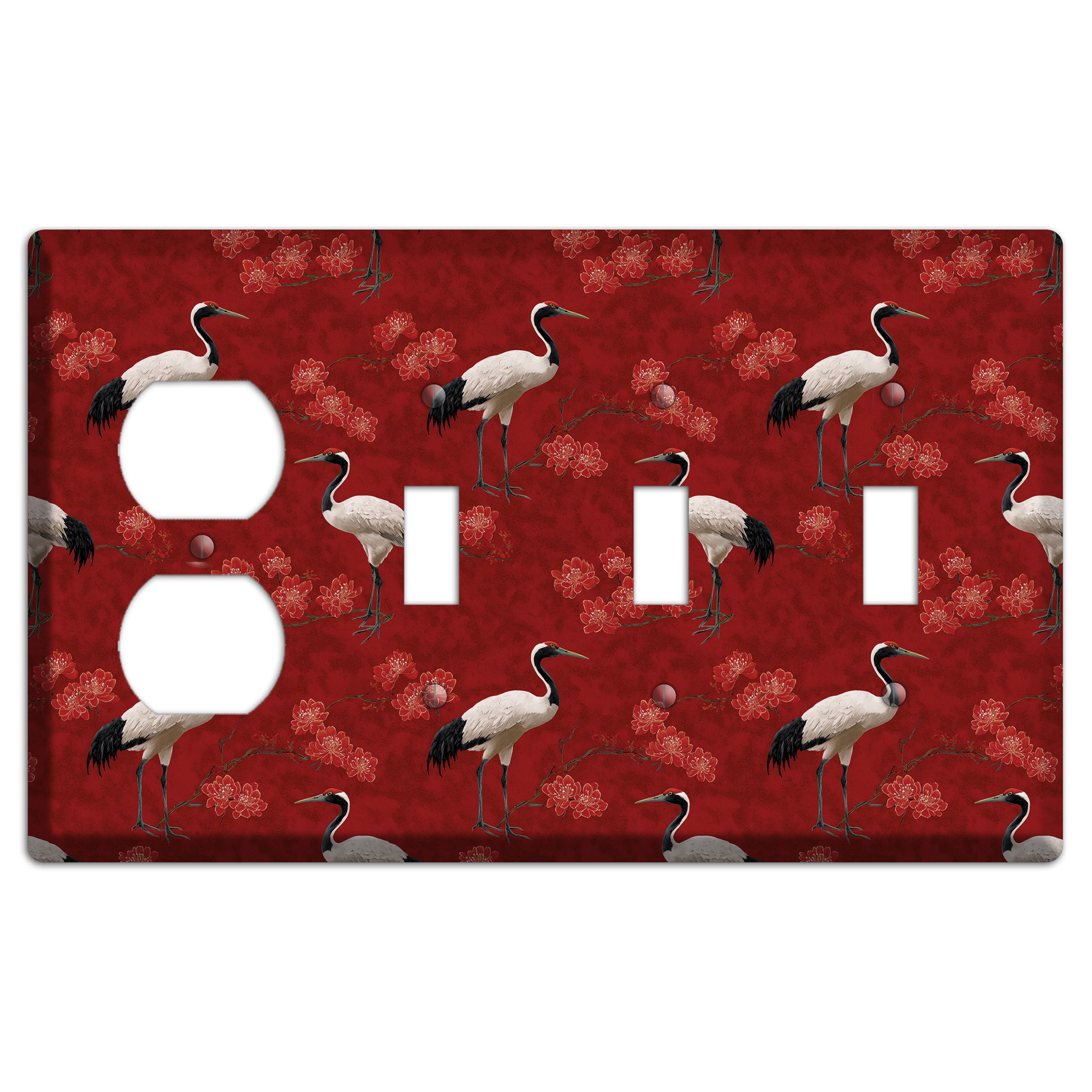 Vermillion Crane Bloom Duplex / 3 Toggle Wallplate