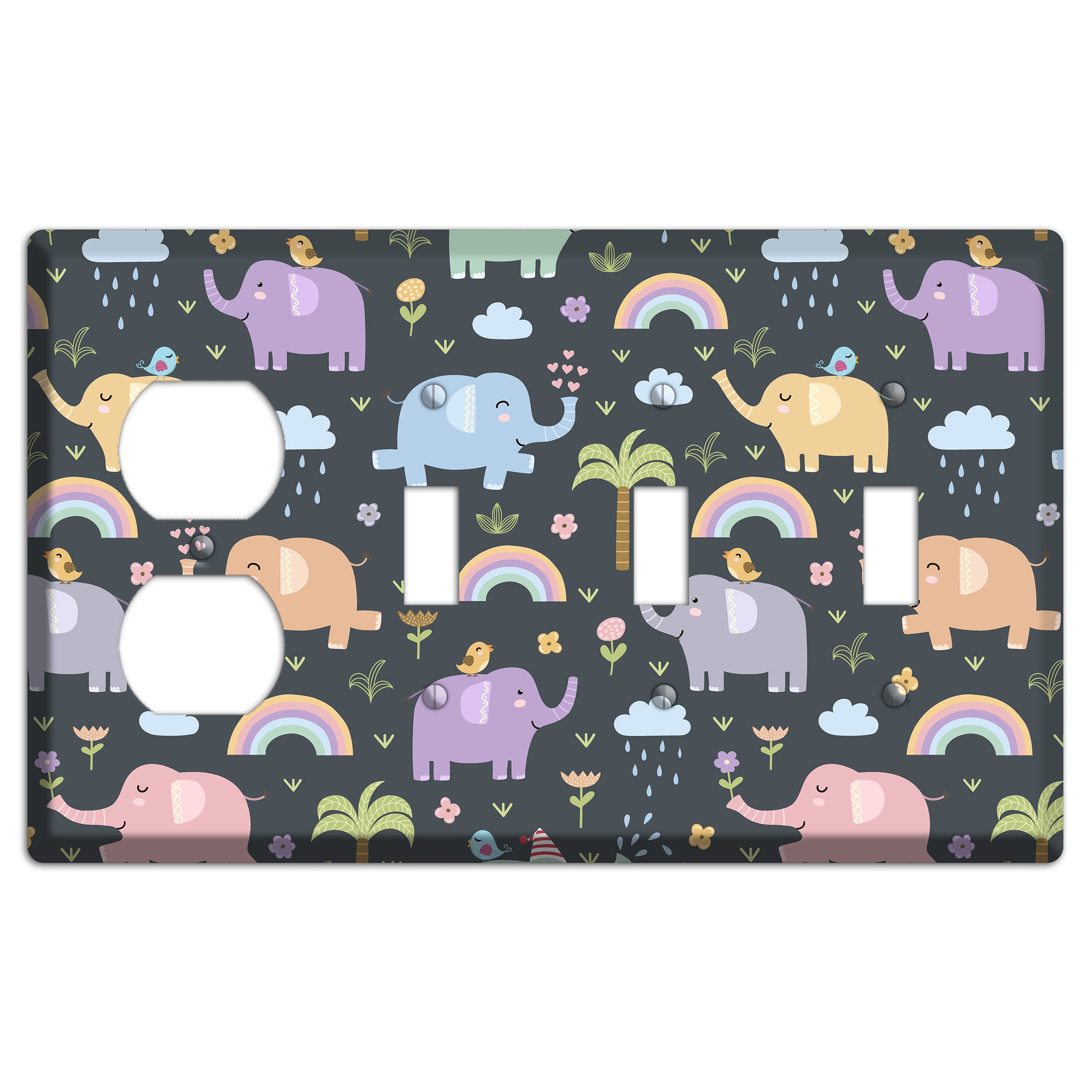 Elephant Parade (Charcoal) Duplex / 3 Toggle Wallplate