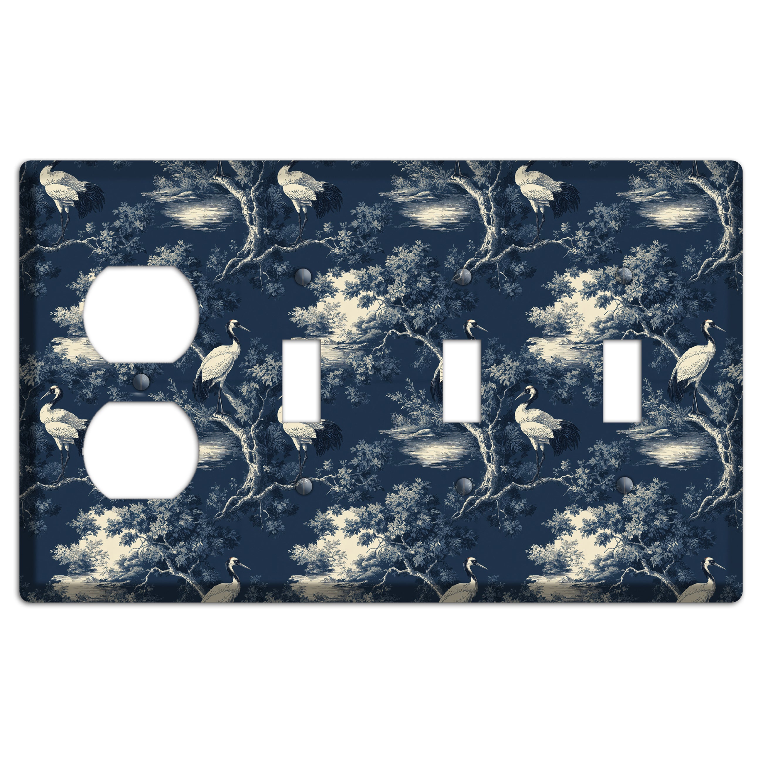 Midnight Crane Toile Duplex / 3 Toggle Wallplate