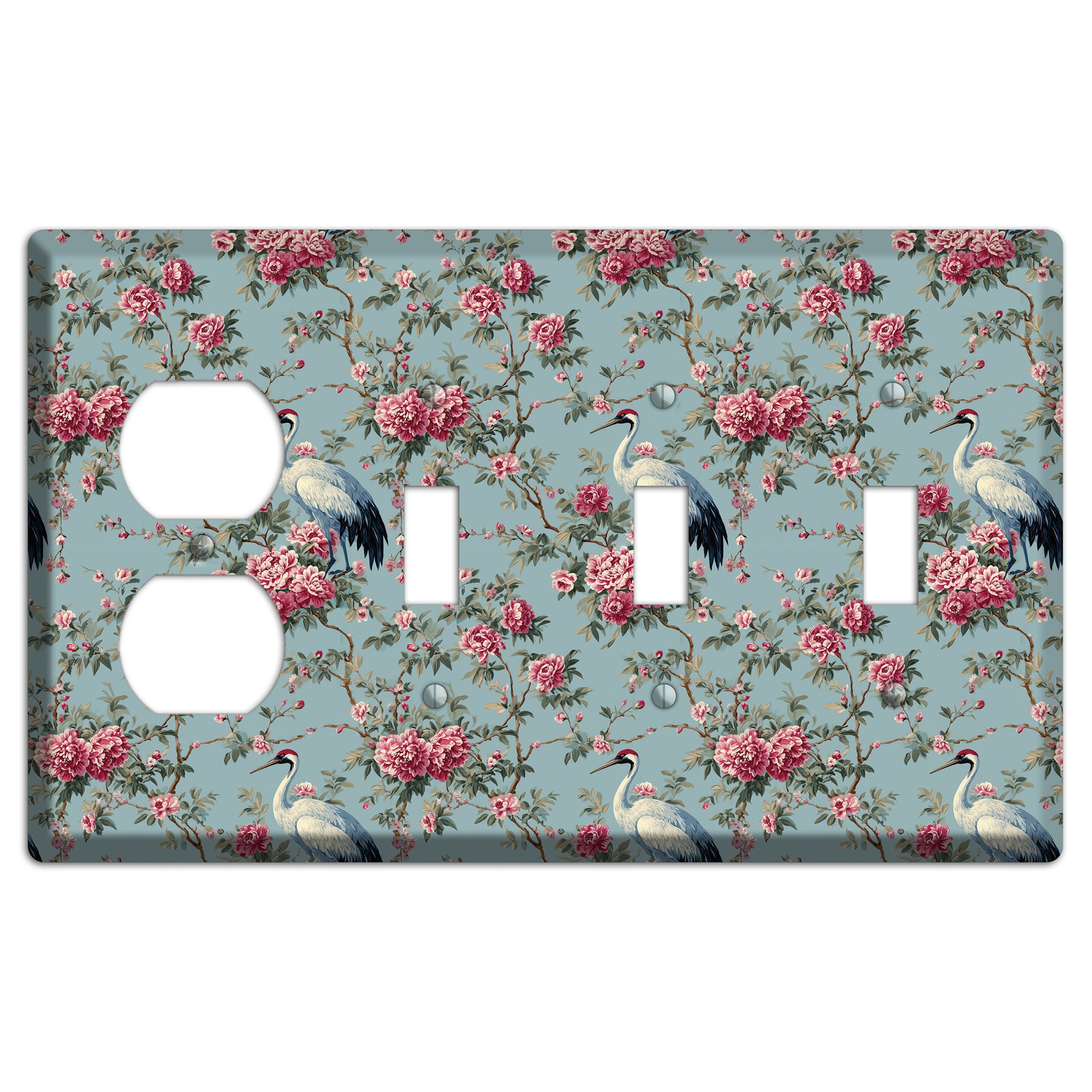Dusty Teal Peony Crane Duplex / 3 Toggle Wallplate